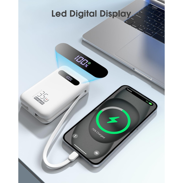 Powerbank 20000mAh з PD 35W, USB-C кабель, LED дисплеєм для iPhone, iPad, Samsung Galaxy та Huawei