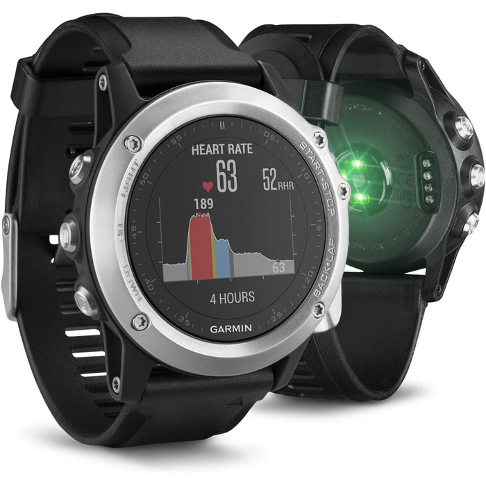 Годинник Garmin Fenix 3 GPS Multisport з мінеральним склом, срібний корпус, чорний ремінець та пульсометром на зап'ясті