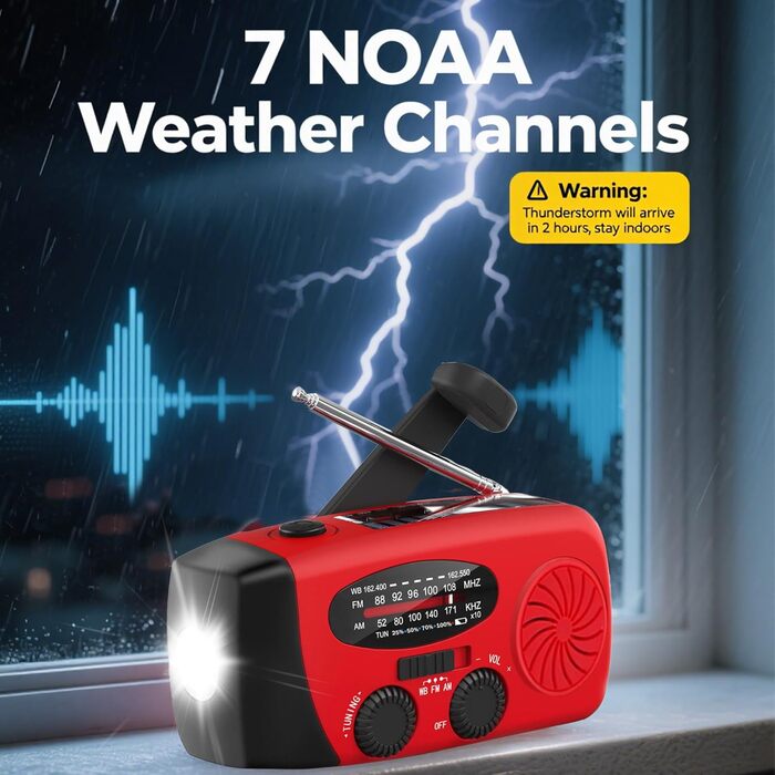 Радіо на сонячних батареях та ручному приводі Notfallradio – AM/FM, погода, ліхтарик LED, SOS, акумулятор 2000mAh, зарядка для смартфонів, червоний