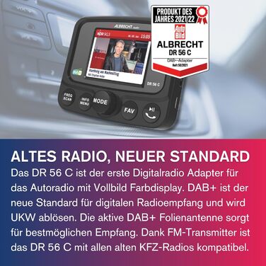 DAB+ адаптер Albrecht DR 56 C для автрадіо з FM-трансмітером, музичний стрімінг, кольоровий дисплей, чорний