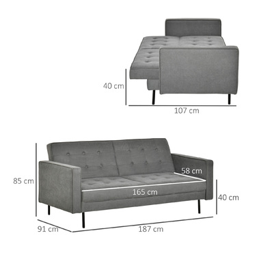HOMCOM 3-Seater Sleeper Sofa with Reclining Function and Adjustable Angle, Vintage Design Made of Eucalyptus Wood and Cotton in Grey