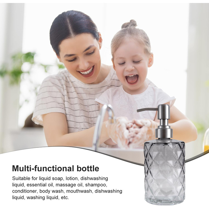 Дозатор мила скляний для ванної кімнати, наповнюваний помповий дозатор для кухні з нержавіючим тримачем, 2 підставки, 330 мл, вінтажний дозатор мила з матовим насосом (сірий)