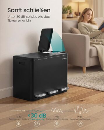 Сміттєвий відер SONGMICS PARY LTB160EZ01 для кухні, 3 відсіки по 15 л, нержавіюча сталь, кришка з Soft-close та педаллю, з 15 пакетами, чорний