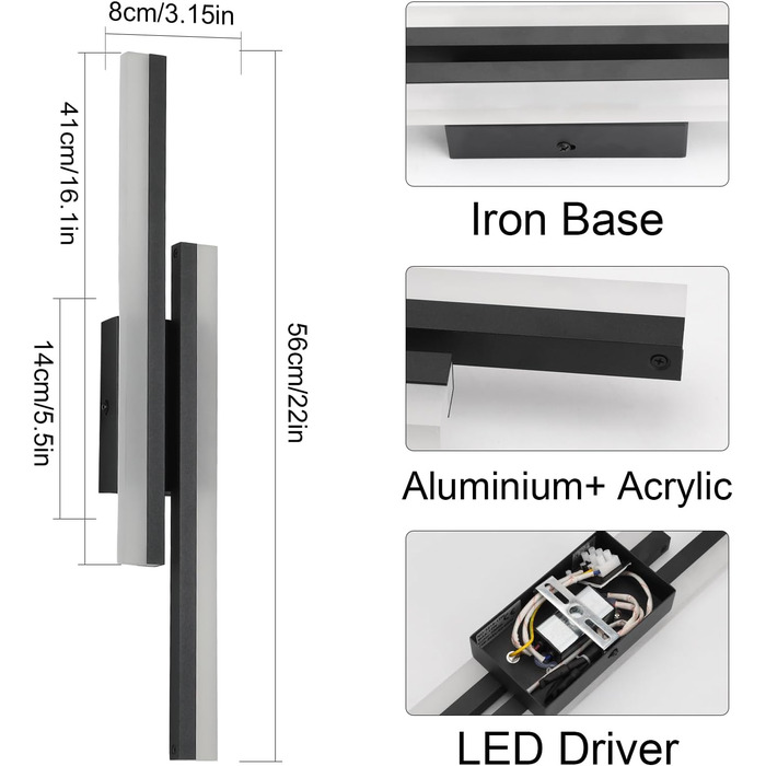 LED настінний світильник Klighten 40см, 12W, 850LM, тепле світло 3000K, чорний, для спальні, вітальні, коридору, сходи