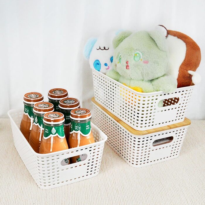 Storage Box with Bamboo Lid Small 3 Pieces 5L Storage Box Bathroom Box with Lid Bathroom Organizer 25x18x10cm Plastic Box Kitchen Storage Boxes Baskets Containers Stackable Boxes (White)