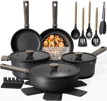 Набір посуду Astercook (19 предметів): каструлі та сковорідки з титановим антипригарним покриттям для індукційних плит, без PTFE, PFOA та PFOS, чорний