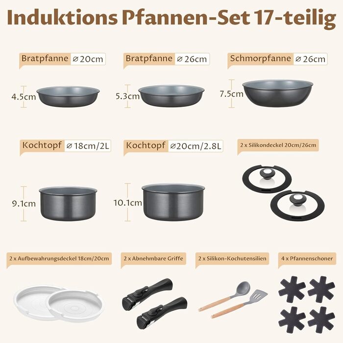 Набір каструль BEZIA 17 предметів з знімним ручкою, антипригарне покриття з кераміки, набір каструль для індукційних плит, підходить для всіх типів плит, стійкий до нагріву, посуд для кемпінгу, посуд для духовки (темно-сірий)