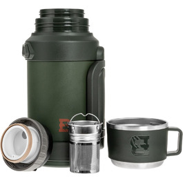 Термос Badger Outdoor Big Boy 1.3L з нержавіючої сталі з ситом для чаю | Вакуумна ізоляція, система One Touch, 24 години збереження тепла, ремінь, оливковий зелений