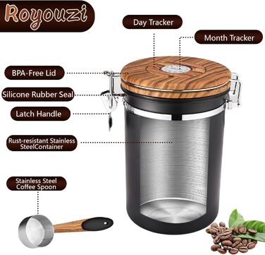 Контейнер для кавових зерен Royouzi з нержавіючої сталі 304 з випускним клапаном, багаторазовий контейнер для зберігання з мірною ложкою, багатофункціональне герметичне скло для дому та офісу (чорний)