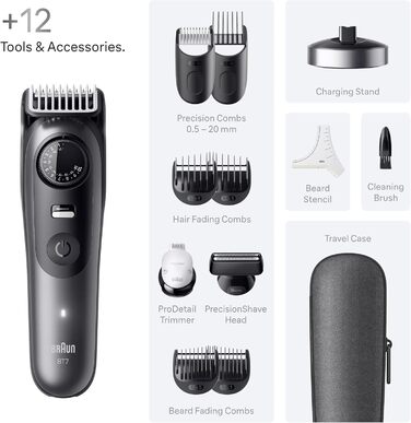 Триммер для бороди Braun Series 7 BT7420 Сірий: Акумуляторний, Водонепроникний, 40 налаштувань довжини + 12 насадок, Gillette Fusion5