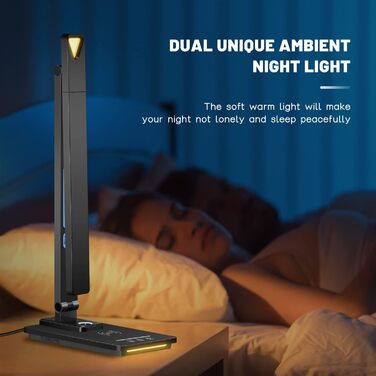 LED лампа настільна YAMYONE з бездротовим зарядним пристроєм та USB-портом, 5 кольорів, регулювання яскравості, нічник, годинник, термометр, для офісу та навчання, білий (чорний)