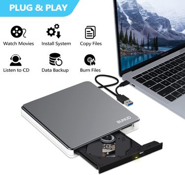 Зовнішній CD/DVD привід BUNUD USB 3.0 та Type-C, портативний DVD-брунер з картридером SD/TF та 2 USB-портами для ноутбука, PC, iMac, Windows та macOS, сіро-білий