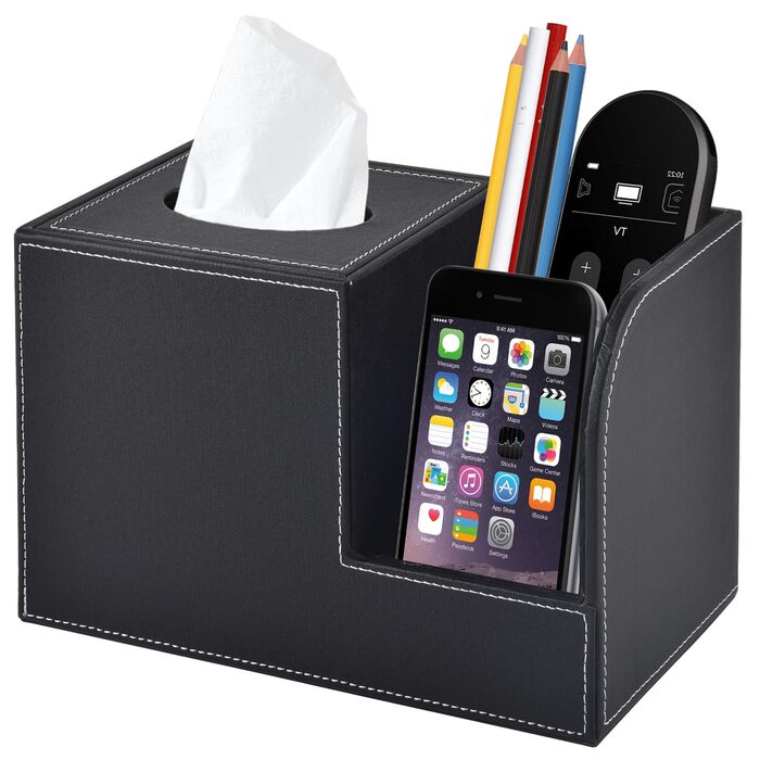 Організатор для серветок з шкіри, коробка для тканинних серветок, квадратна, з тримачем для пульта, чорний