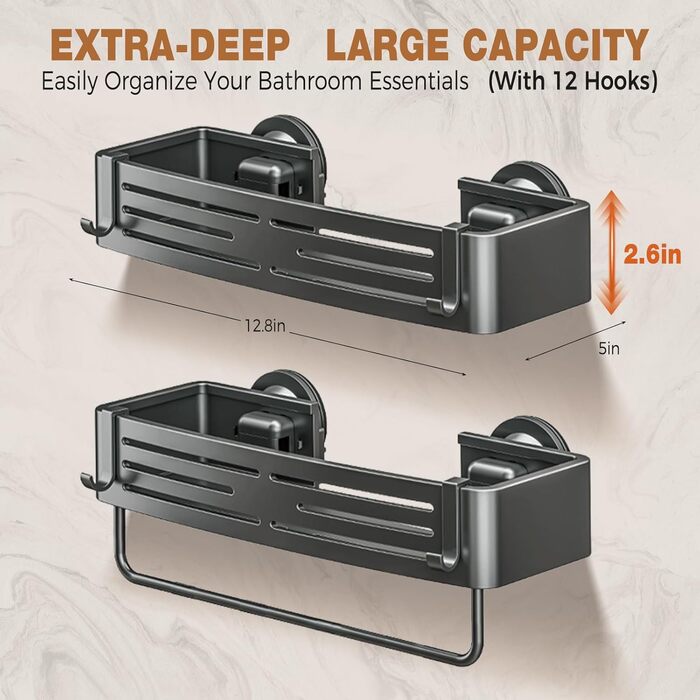 Дзеркальна поличка для душу Lekesky, 2 шт., Gunmetal Grey, алюміній, на присоску, без свердління, з 12 гачками, прямокутна