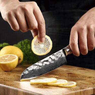Японський ніж Santoku Zayiko Minami Premium з 12 см лезом з дамаської сталі 67 шарів, ручка з оливкового дерева, дерев'яна коробка. Кухонний ніж для професіоналів та дому без гравіювання
