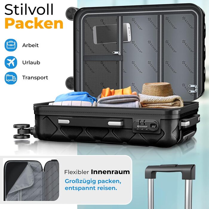 Набір валіз KESSER® 3 шт. | Валізи з ABS-пластику з кодовим замком, вагова валіза та органайзер для подорожей, 360° колеса | Ручна поклажа та великі валізи для бізнесу та подорожей (Чорний)