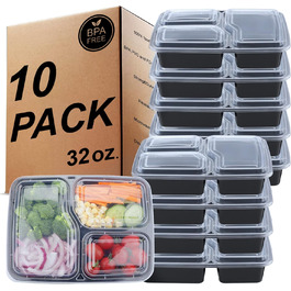 Контейнери для їжі Meal Prep, 20 шт. - BPA Free, багаторазові, для зберігання продуктів, морозильник, мікрохвильова піч, посудомийна машина, 3 відділи, 32 oz