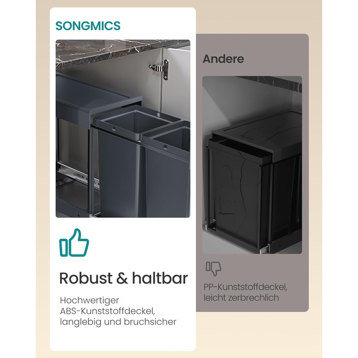 Відро для сміття SONGMICS для кухні з роздільним контейнером, 2 відсіки по 15 л, висувний, сталевий каркас, ABS-кришка (сірий)