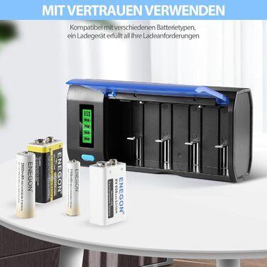 Зарядний пристрій ENEGON для акумуляторів AA/AAA/C/D/9V NiMH/NiCD з LCD дисплеєм та функцією розряду – 4 слоти, чорний