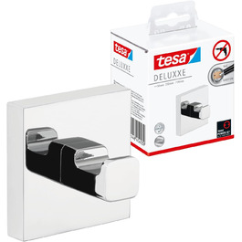 tesa DELUXXE Towel Hook, Chrome - Bathroom Hook for Wall Mounting without Drilling, including Adhesive Solution - 50mm x 50mm x 39mm