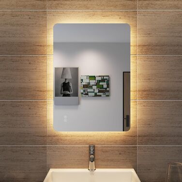 Дзеркало для ванної кімнати SONNI з LED-підсвічуванням, 100 x 60 см, протизапітніння, IP44, сенсорний вимикач, холодне/нейтральне/тепле біле світло, білий