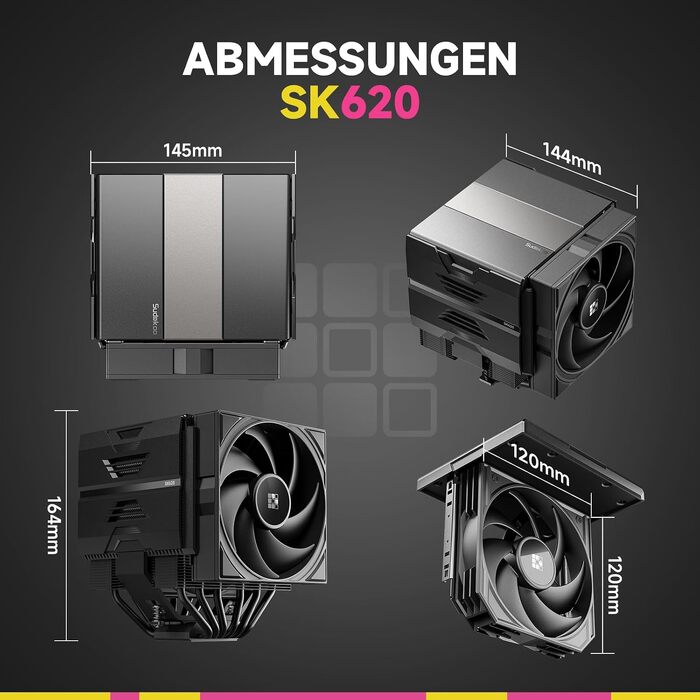 Кулер для процесора Sudokoo SK620 AM5: Двовежевий CPU кулер з цифровим дисплеєм, 6 теплотрубками та 2 вентиляторами PWM FDB 120мм, чорний