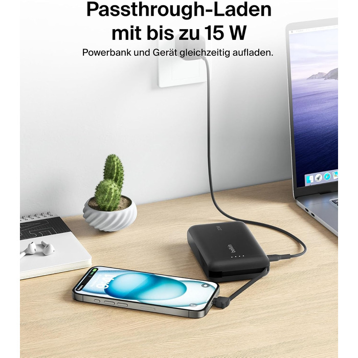Повербанк Belkin BoostCharge 10000mAh 20W з вбудованим кабелем USB-C, LED-індикатором, чорний