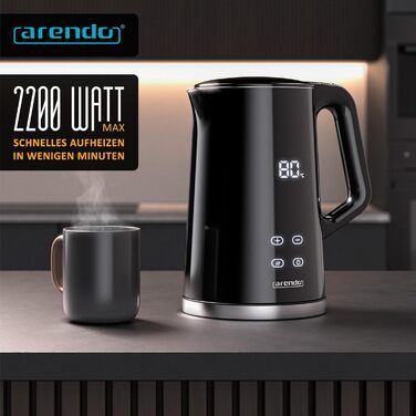 Електричний чайник Arendo з регулюванням температури, нержавіюча сталь, подвійні стінки Cool Touch, дисплей, бездротовий, 2200 Вт, 1,7 л, захист від перегріву, функція підтримки тепла, чорний