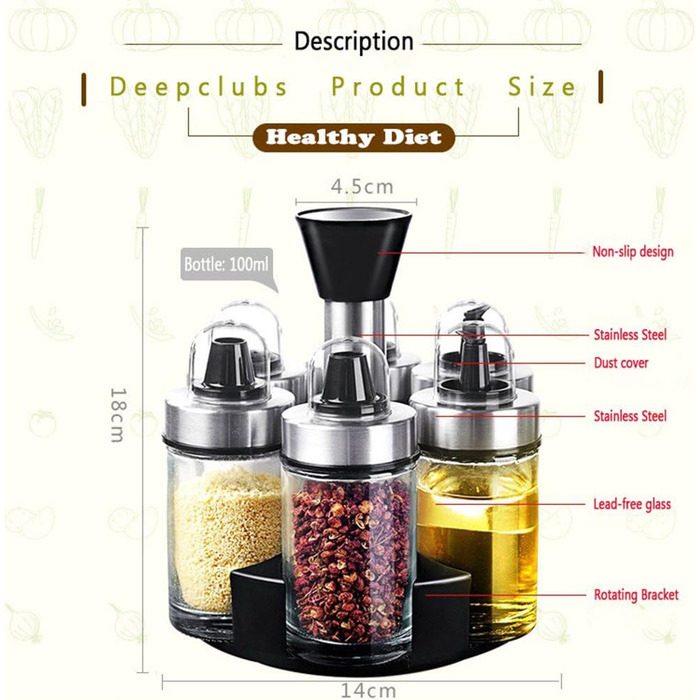Spice Jar Oil Bottle Salt and Pepper Shakers Glass Jars with Rotating Holder, 100ml (6-Jar)