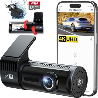 Відеореєстратор AQV Dashcam Auto Vorne und Hinten 4K з WiFi, 64GB SD, G-сенсор, Super Night Vision, 170°+140° Кут огляду, Black-D18