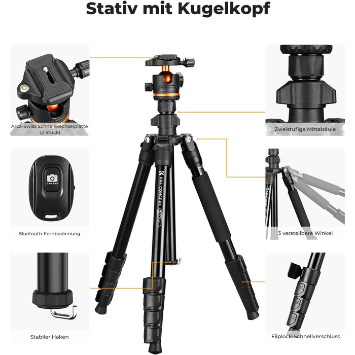 Штатив K&F Concept S255A3+BH-36, 190 см, для камери/DSLR/Camcorder, з тримачем для смартфона/планшета, чорний