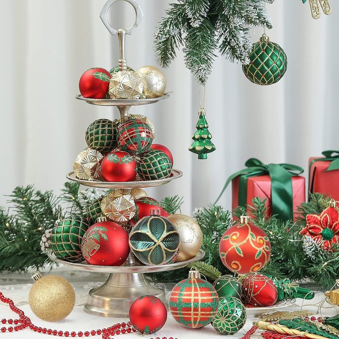 Набір прикрас на ялинку 30 шт, 60 мм, пластикові ялинкові кулі з гачками, для ялинки, вечірки, святкування (червоний, зелений)