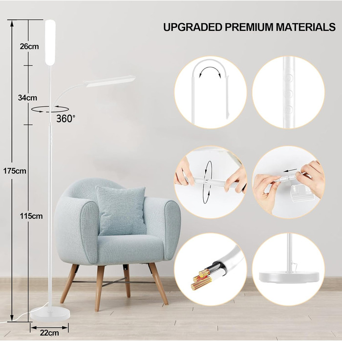 LED-стійка лампа Marctronic для вітальні, димерна, з пультом та сенсорним керуванням, 18W, 1800LM, сучасний дизайн, для офісу, спальні, біла