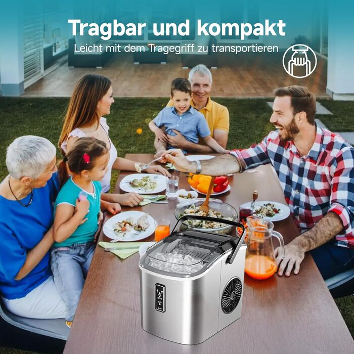 Машина для приготування льоду EUHOMY, 9 кубиків за 6 хвилин, 12 кг/день, самоочищення, портативна, з ручкою, кошиком та шуфлером, 2 розміри кубиків, чорна (срібна-1.2л)