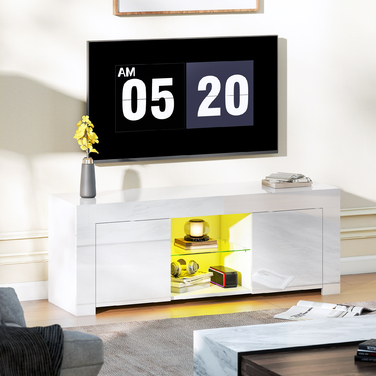Телевізійна тумба HOMCOM з LED-підсвіткою, 2 дверцятами, скляною полицею, отворами для кабелів, для вітальні, виготовлена з ДСП, білого кольору.