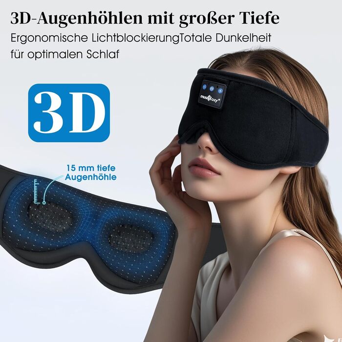 Маска для сну з навушниками Musicozy 3D Bluetooth, повна затемнення, для сну, подорожей, відпочинку та медитації