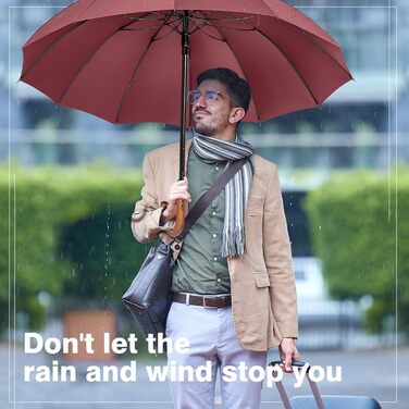 KEYHOT Windproof Umbrella - Large Stick Umbrella with Wooden Handle for Men & Women - 12 Ribs, XL - Burgundy, 118cm