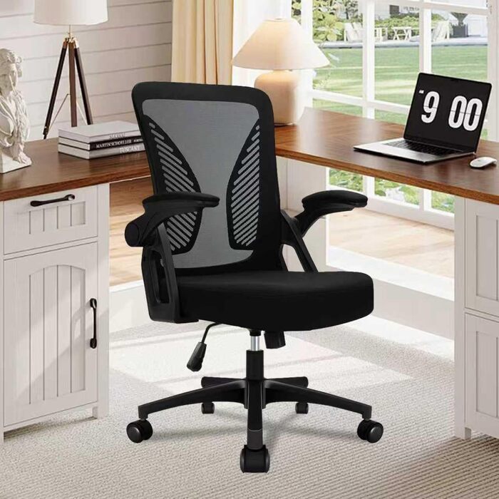 Офісний стіл з регульованими підлокітниками, ергономічний крісло з сітчастою спинкою, підтримкою попереку, регульованою висотою, м'яким сидінням, поворотним на 360°, чорний