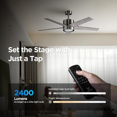Стеляний вентилятор з підсвіткою для спальні: 132 см, тихий вентилятор з пультом дистанційного керування, ідеально для вітальні, горіх, 6 швидкостей, трикольорове диммування, 220-240V (5 - Сірий)