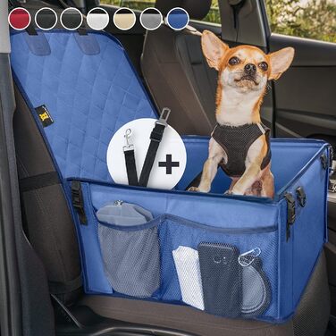 Extra Stable Dog Car Seat - Reinforced Walls & 5 Straps - Waterproof Dog Car Seat for Rear & Front Seat (Standard Size) - Blue