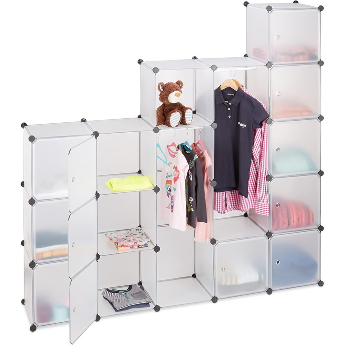 Relaxdays Clothes Rack System with 2 Clothes Rails, Wardrobe with 14 Compartments, Plastic Shelf System (Transparent)