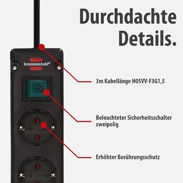 Смуга розеток Brennenstuhl Bremounta 5-fach з USB-C та вимикачем, чорна (для монтажу на стіну, 2x USB-C, 3м кабель)