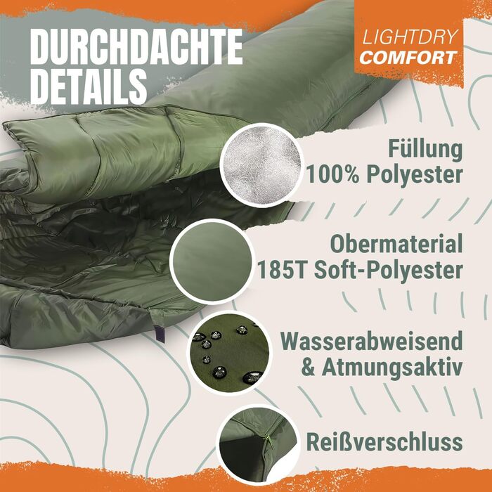 Сплячий мішок Mumiensack Thermo 3-сезонний High-Tech з мікрофібри до -13°C; Легкий, компактний, теплий (Оливковий зелений)