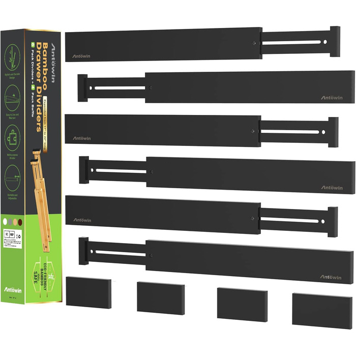ANTOWIN 10 Pcs Adjustable Drawer Dividers Bamboo, Drawer Organizer, Spring-loaded, Kitchen, Dresser, Bathroom, Bedroom, Baby Drawer, Desk Organization System (Black)
