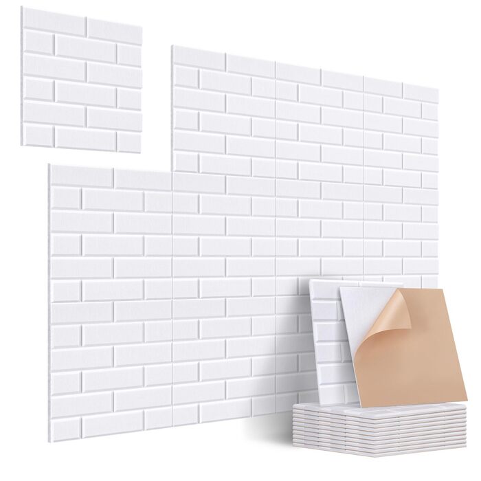 Акустичні панелі Jamelo самоклеючі 3D цегла, 30x30x0,9 см, 12 шт. — звукопоглинаючі панелі для стін у студію, спальню та офіс (Білий)