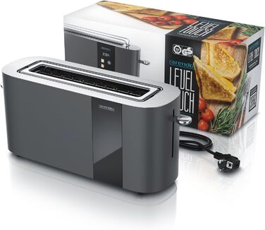 Тостер Arendo з нержавіючої сталі, 2 відділення, довгий проріз, сенсорний дисплей, подвійні стінки, насадка для тостів, 6 ступенів підсмажування, центрування хліба, індикатор часу, функція пам'яті, чорний (B: Cool Grey)