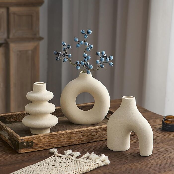 Set of 3 Ceramic Vases for Pampas Grass - Modern Round Decorative Vases for Home Decor, Wedding Centerpieces