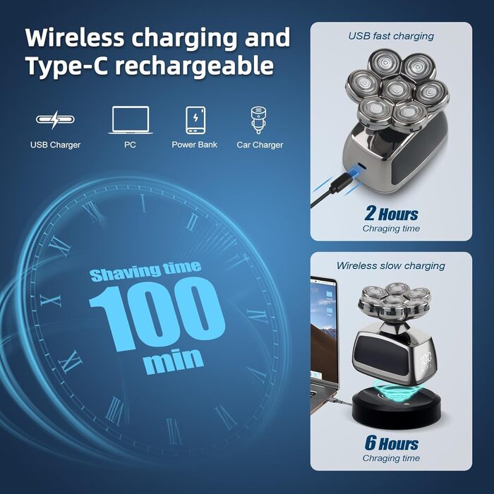 Електрична машинка для гоління голови Qhecomce 6-в-1, чоловіча, з 7 плаваючими головками, для сухого та вологого гоління, чорна