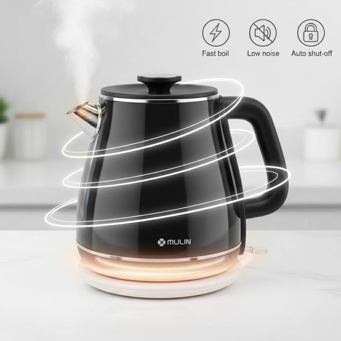 Електричний чайник MULIN Retro, 1.8 л, 2200 Вт, Швидке кип'ятіння, Автоматичне відключення, Чорний