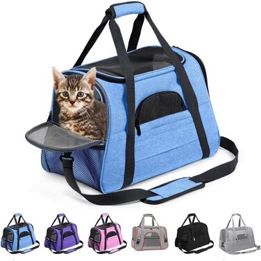 Транспортний бокс для собак та котів, дихаючий, складаний, з м'якою підстилкою (блакитний)